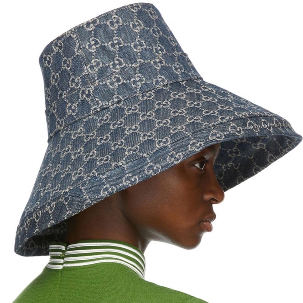 Navy Blue Jacquard Denim Monogram Wide Large Brim Bucket Hat Beach New Sun Cover - Picture 5 of 15